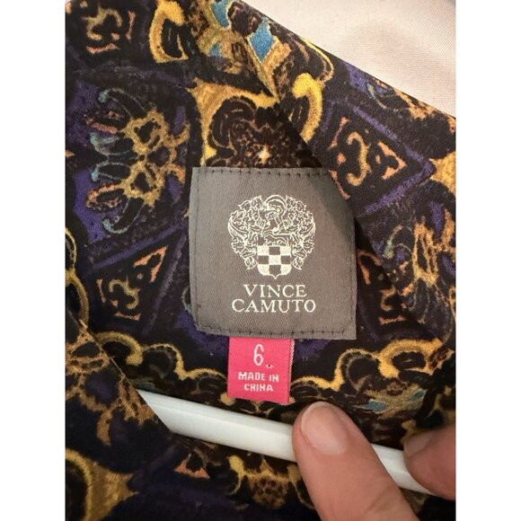 Vince Camuto Women’s Sz 6 Sleeveless Sheath Dress Gold Navy Baroque Print NWOT - Picture 3 of 10